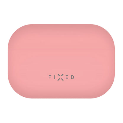 Pink silikonecover til Apple AirPods Pro 3, glat overflade, gråt FIXED-logo foran, understøtter trådløs opladning.