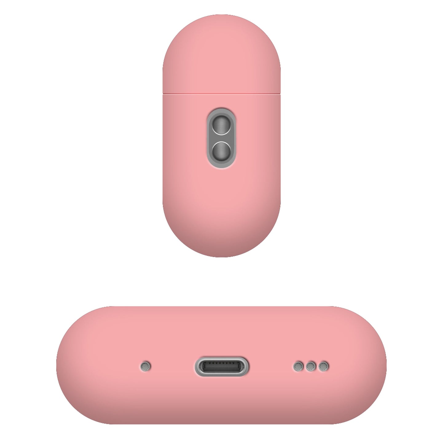 Pink Fixed silikoneetui til Apple AirPods Pro 3 med to metal knapper, USB-C port og tre indikatorlys til trådløs opladning.