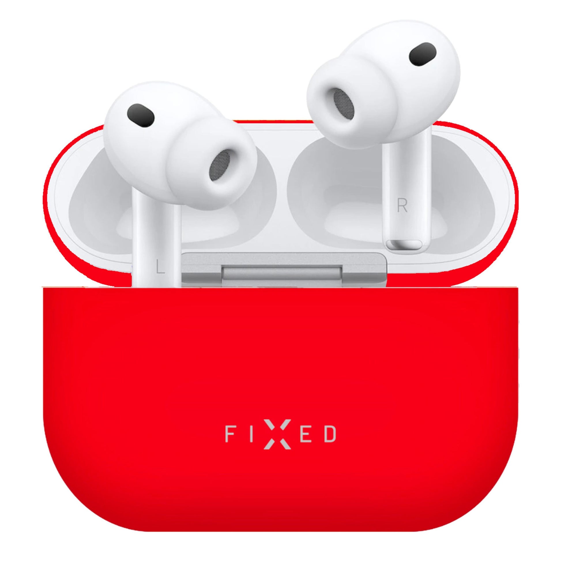 Apple AirPods Pro 3 hvide øretelefoner med silikonepropper i åbent rødt FIXED silikoneetui, trådløs opladning.