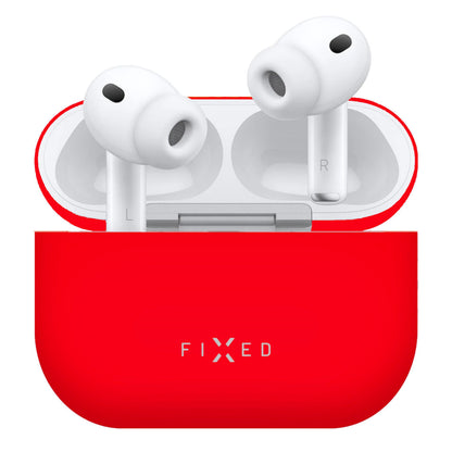 Apple AirPods Pro 3 hvide øretelefoner med silikonepropper i åbent rødt FIXED silikoneetui, trådløs opladning.