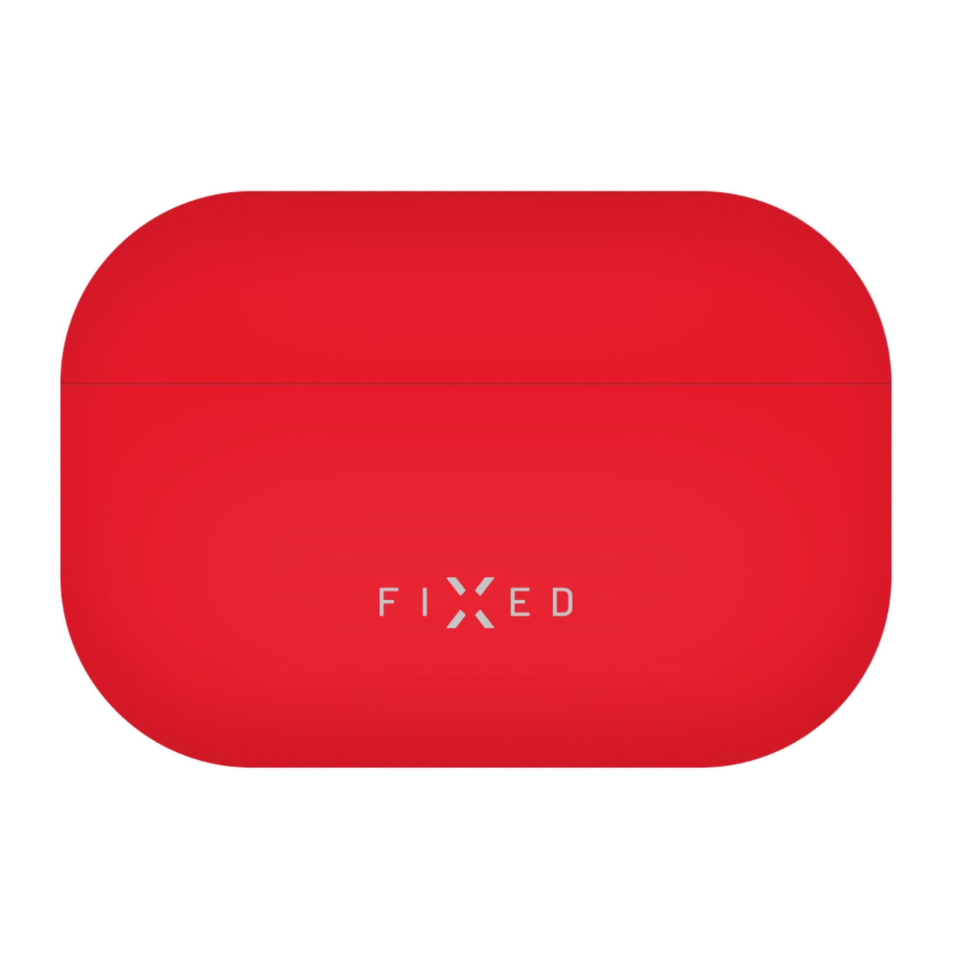 FIXED silikoneetui til AirPods Pro 3, rød, rektangulært med afrundede kanter og hvidt FIXED-logo, understøtter trådløs opladning.