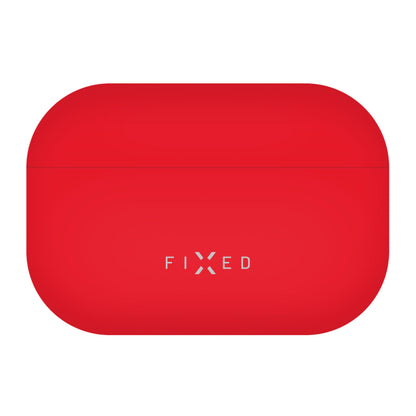 FIXED silikoneetui til AirPods Pro 3, rød, rektangulært med afrundede kanter og hvidt FIXED-logo, understøtter trådløs opladning.