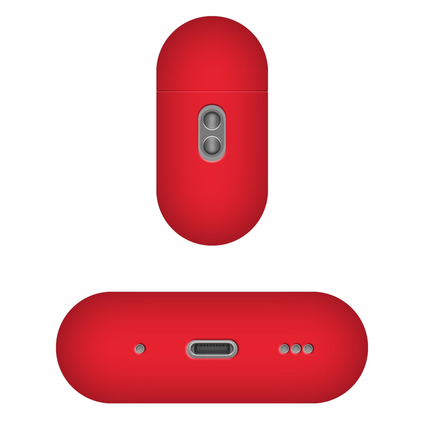 Rødt Silkeblødt silikoneetui til Apple AirPods Pro 3 med to grå knapper, ladeport og tre små kontaktpunkter.