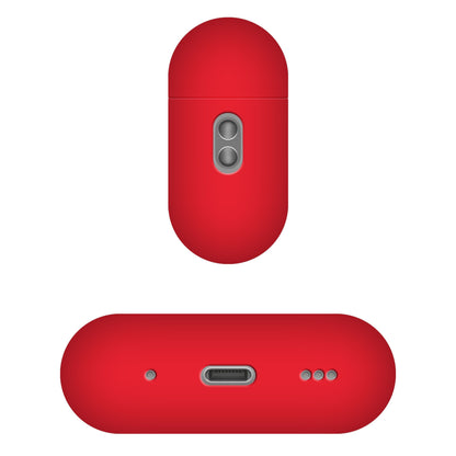 Rødt Silkeblødt silikoneetui til Apple AirPods Pro 3 med to grå knapper, ladeport og tre små kontaktpunkter.