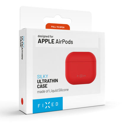 Fixed silikoneetui til Apple AirPods Pro 3 rød, hvid æske med "SILKY ULTRATHIN CASE made of Liquid Silicone" og Fixed-logo.