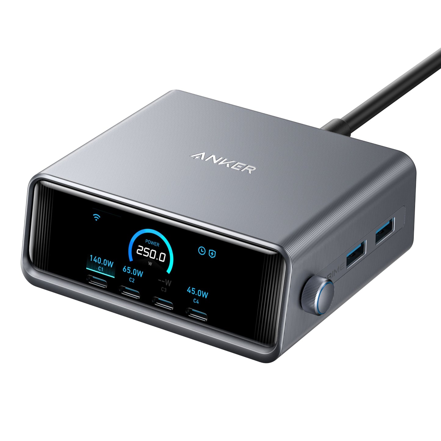 Anker Prime 250W GaN oplader grå med digitalt display, flere USB-C/USB-A-porte, kontrolknap og sort kabel bagpå.