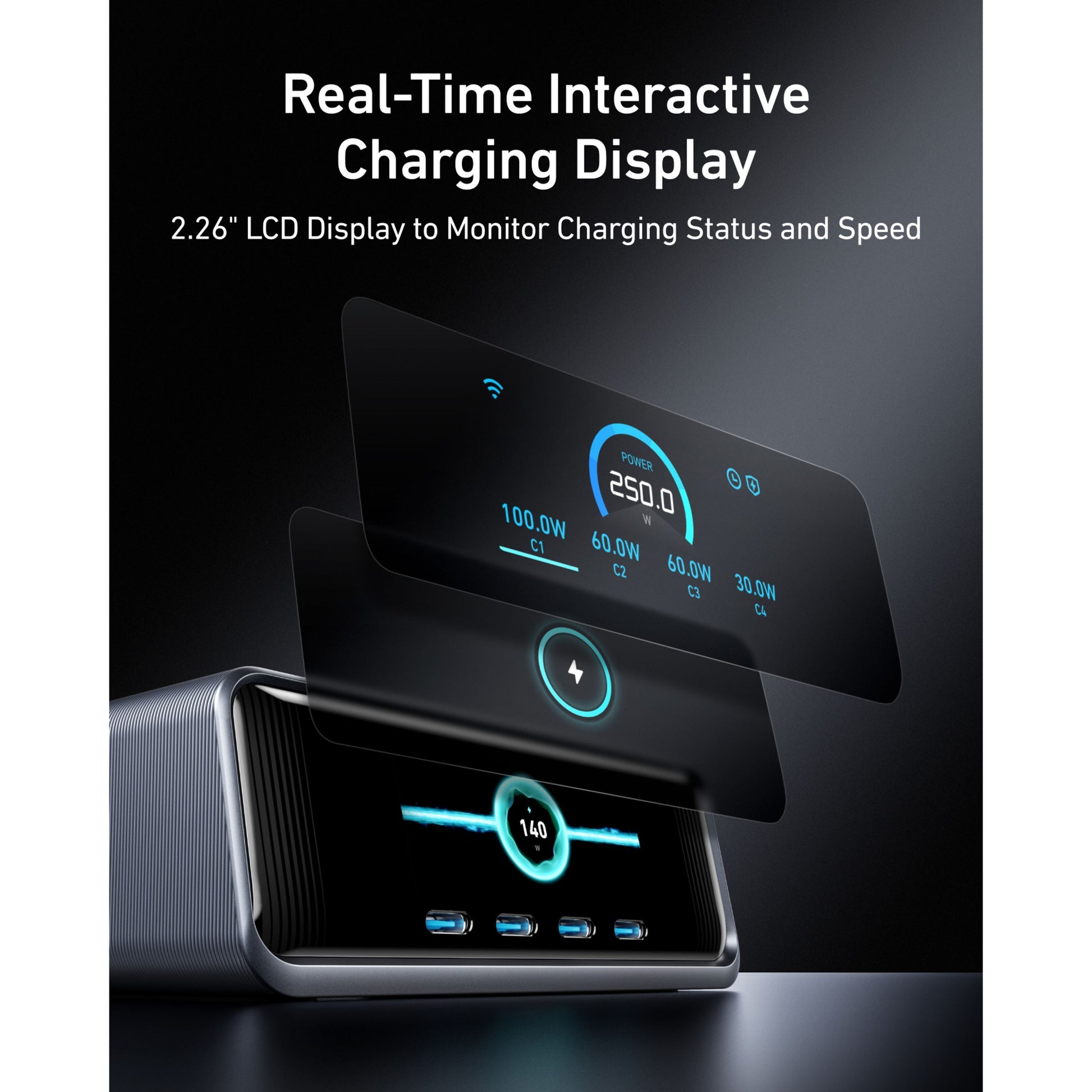 Anker Prime 250W GaN oplader med 2,26" LCD til realtidsopladning, GaNPrime teknologi, sort.