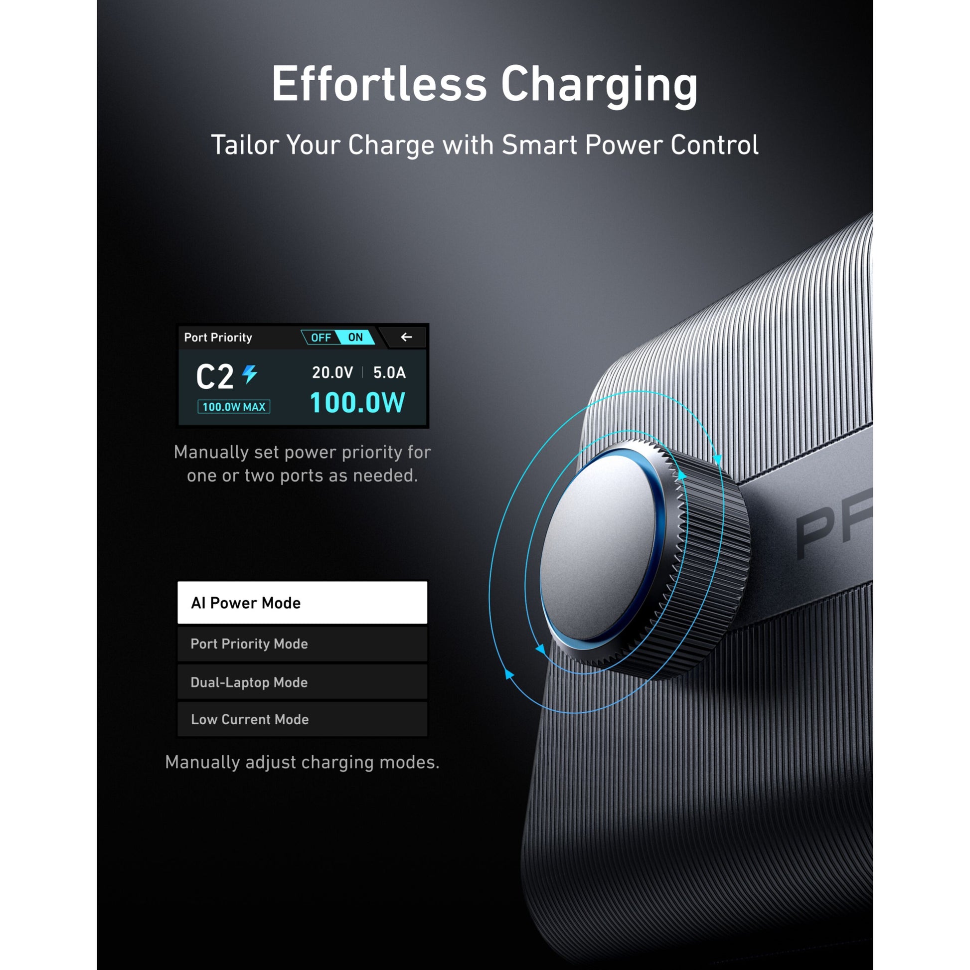 Anker Prime 250W GaN oplader med power-dial, port-priority-skærm, op til 100W udgang via 20V/5A.