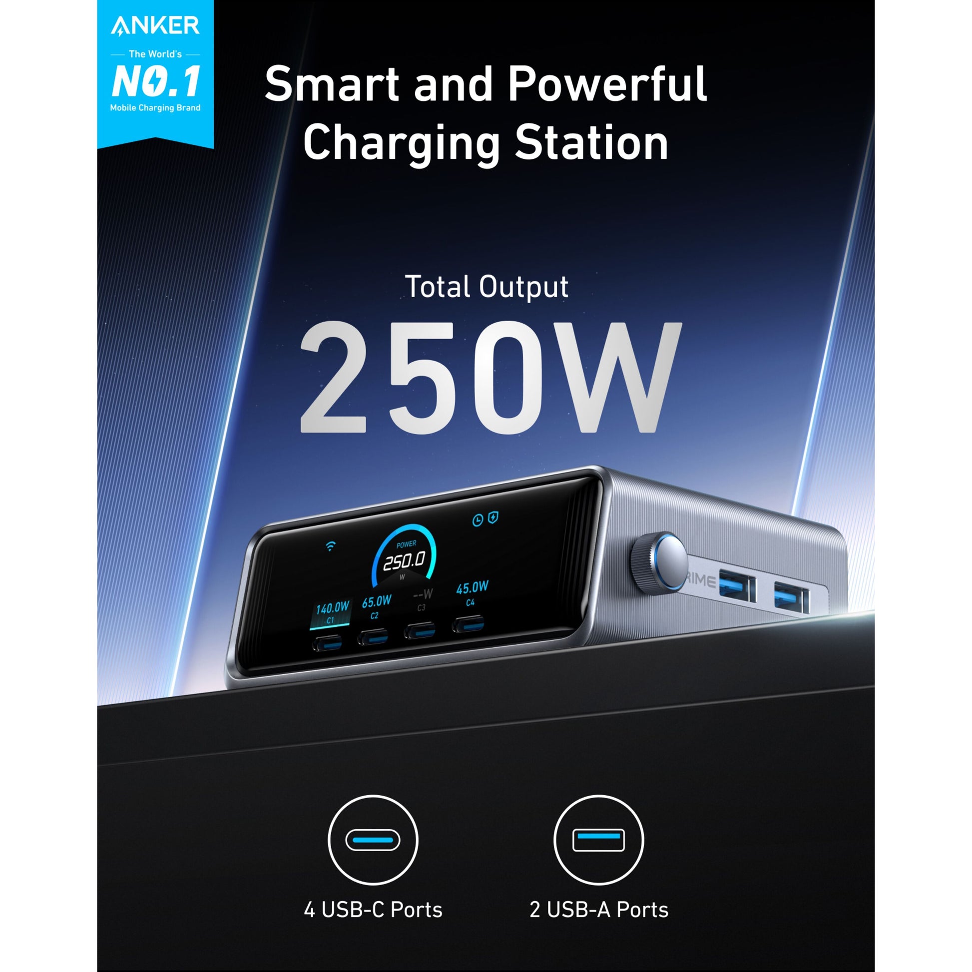 Anker Prime 250W GaN oplader med 4 USB-C og 2 USB-A porte, samlet output på 250W, sort.