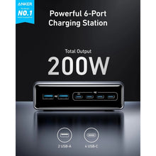 Anker Prime Oplader 200W sort, 6 porte (2x USB-A, 4x USB-C), samlet output 200W, tekst: "Mærke nr. 1 inden for mobilopladning.