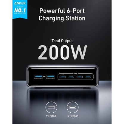 Anker Prime Oplader 200W sort, 6 porte (2x USB-A, 4x USB-C), samlet output 200W, tekst: "Mærke nr. 1 inden for mobilopladning.