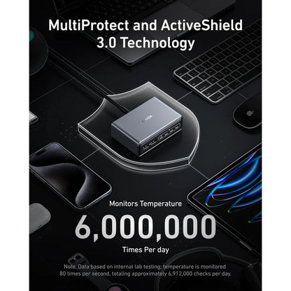 Anker Prime Oplader 200W sort opladningshub med MultiProtect og ActiveShield 3.0 teknologi, synlig blandt enheder.