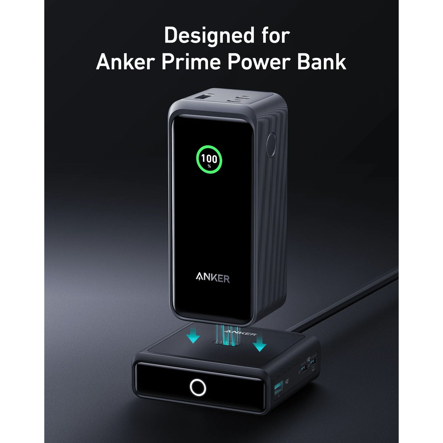 Anker 100W opladningsstation til Prime Powerbank i sort med digitalt display, GaN-teknologi, blå bunke til strømretning.