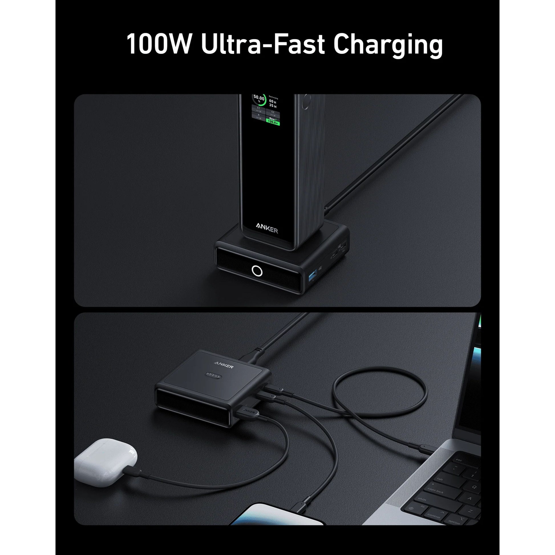 Anker 100W opladningsstation til Prime Powerbank på skrivebord, oplader laptop og trådløse øretelefoner, GaN-teknologi.