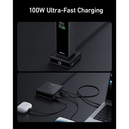 Anker 100W opladningsstation til Prime Powerbank på skrivebord, oplader laptop og trådløse øretelefoner, GaN-teknologi.