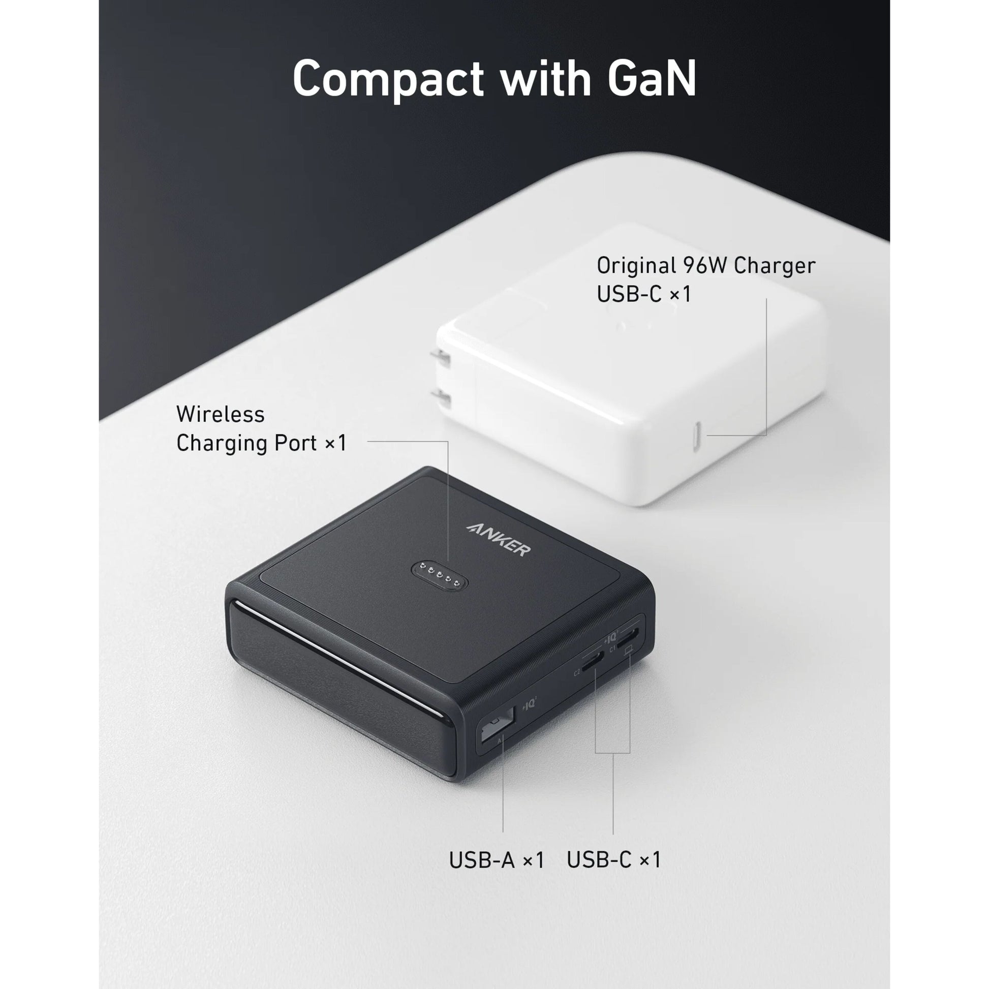 Anker 100W opladningsstation til Prime Powerbank med GaN, trådløs opladning, USB-A, USB-C ved siden af 96W USB-C oplader.