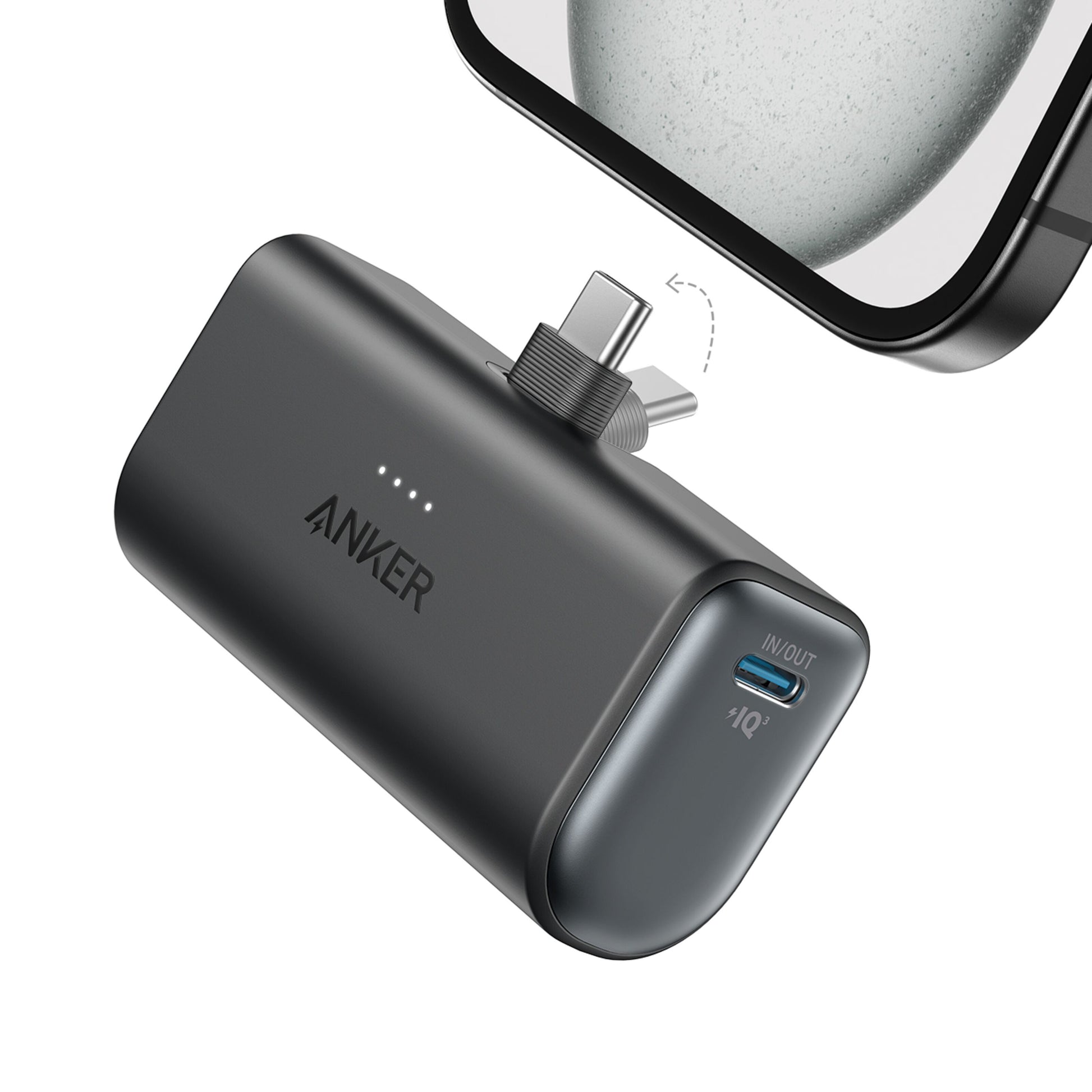 Anker Nano Powerbank 22,5W USB-C sort, 5000mAh, indbygget USB-C stik, blå USB-C port og LED indikatorer.