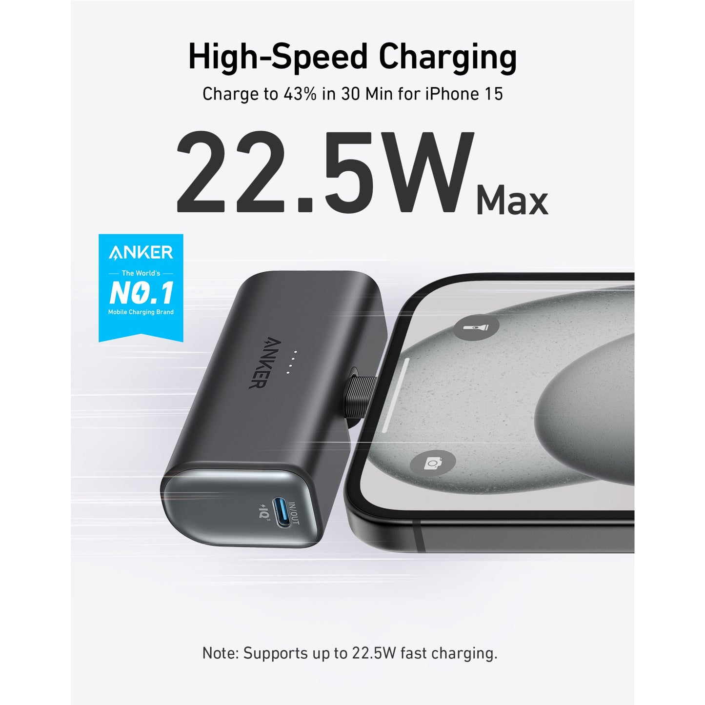 Anker Nano Powerbank 22.5W USB-C, 5000mAh, oplader iPhone 15 til 43 på 30 min, kompakt model i sort design.
