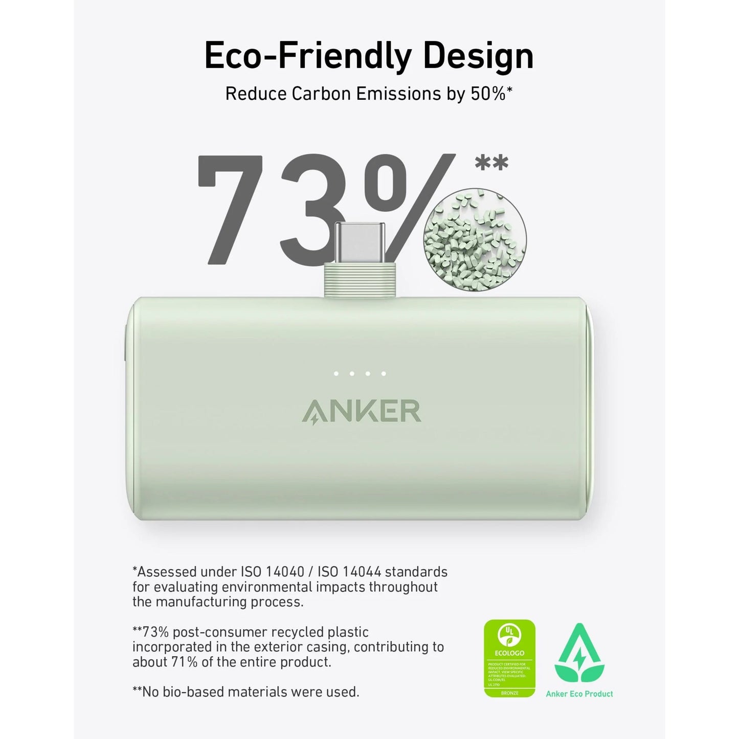 Anker Nano Powerbank 22.5W USB-C, lys grøn, 5000mAh, lavet af 73 genbrugsplast.