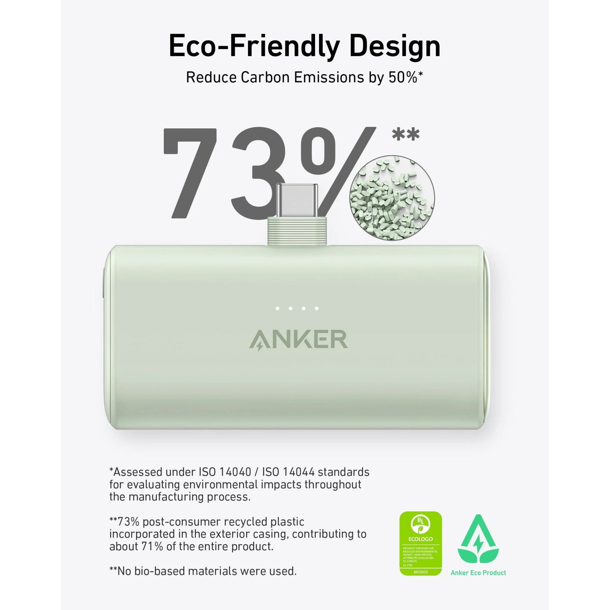 Anker Nano Powerbank 22.5W USB-C, lys grøn, 5000mAh, lavet af 73 genbrugsplast.