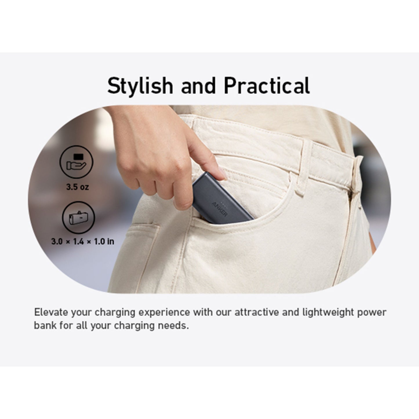 Anker Nano Powerbank 22.5W USB-C, 5000mAh, kompakt størrelse, vægt 3,5 oz indsættes i lyse jeans.