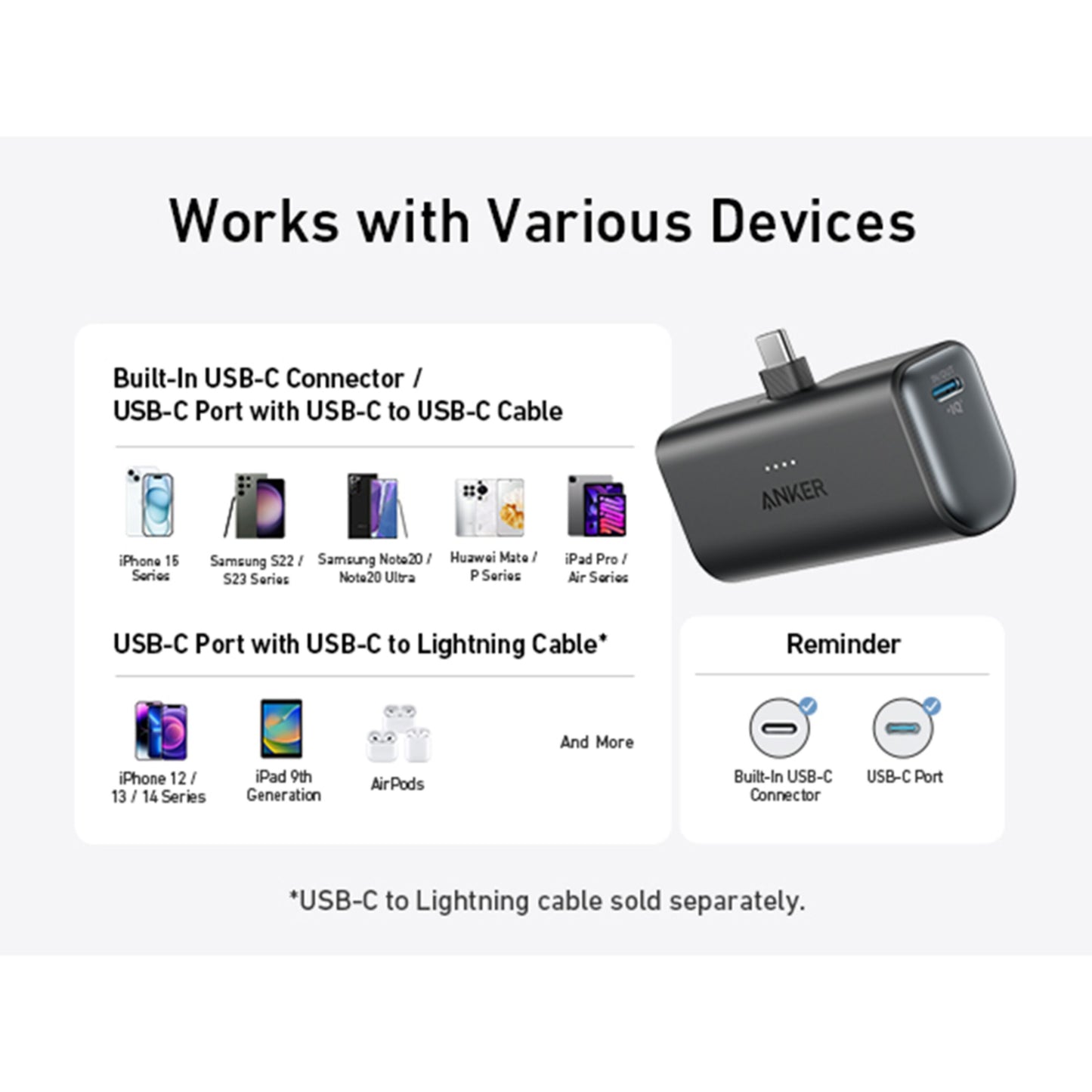 Anker Nano Powerbank 22.5W USB-C, 5000mAh, USB-C stik, kompatibel med iPhone 15-serien, Samsung S23, iPad, AirPods.