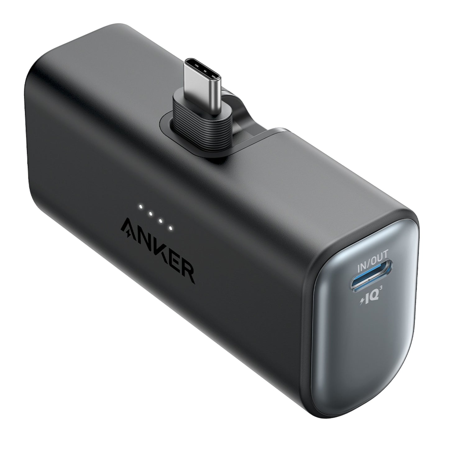 Anker Nano Powerbank 22.5W USB-C sort 5000 mAh med USB-C stik, fire LED indikatorer og front IN/OUT IQ USB port.