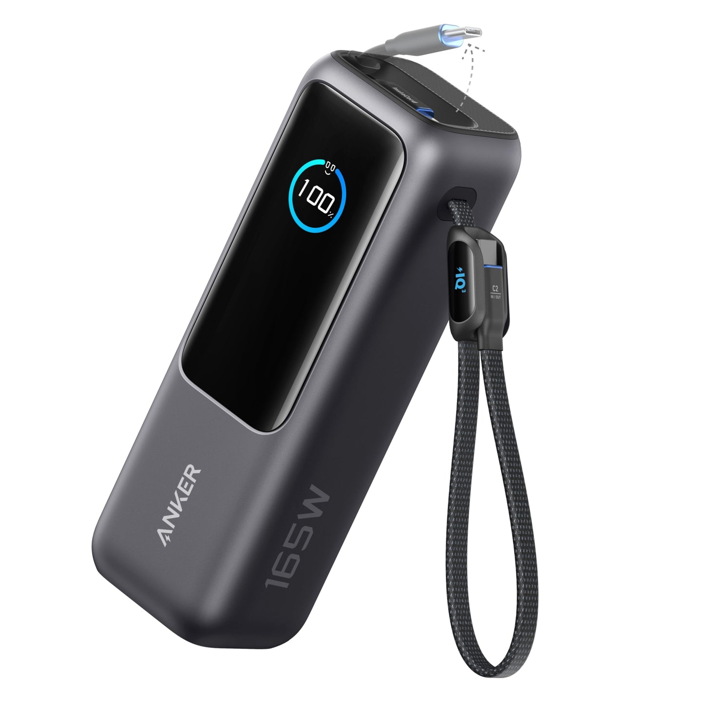 Anker Powerbank 165 W 25000 mAh sort med LED-display, fletrem og USB-C-kabel i øverste port.