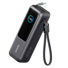 Anker Powerbank 165 W 25000 mAh sort med LED-display, fletrem og USB-C-kabel i øverste port.