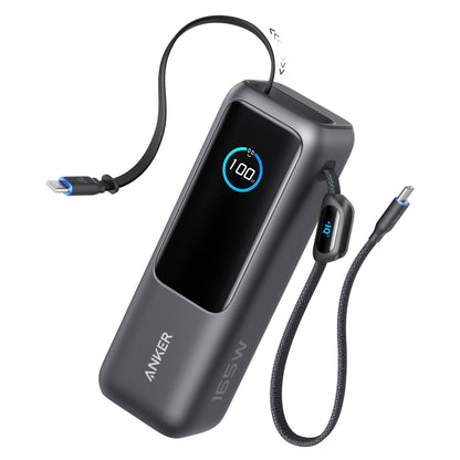 Anker Powerbank 165W 25000mAh sort med digital display, viser 100 opladning, til USB-C kabler, et flettet, et standard.
