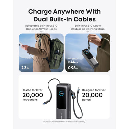 Anker Powerbank 165W 25000mAh med indbyggede USB-C kabler, digitalt display og synlig længde og fleksibilitet.