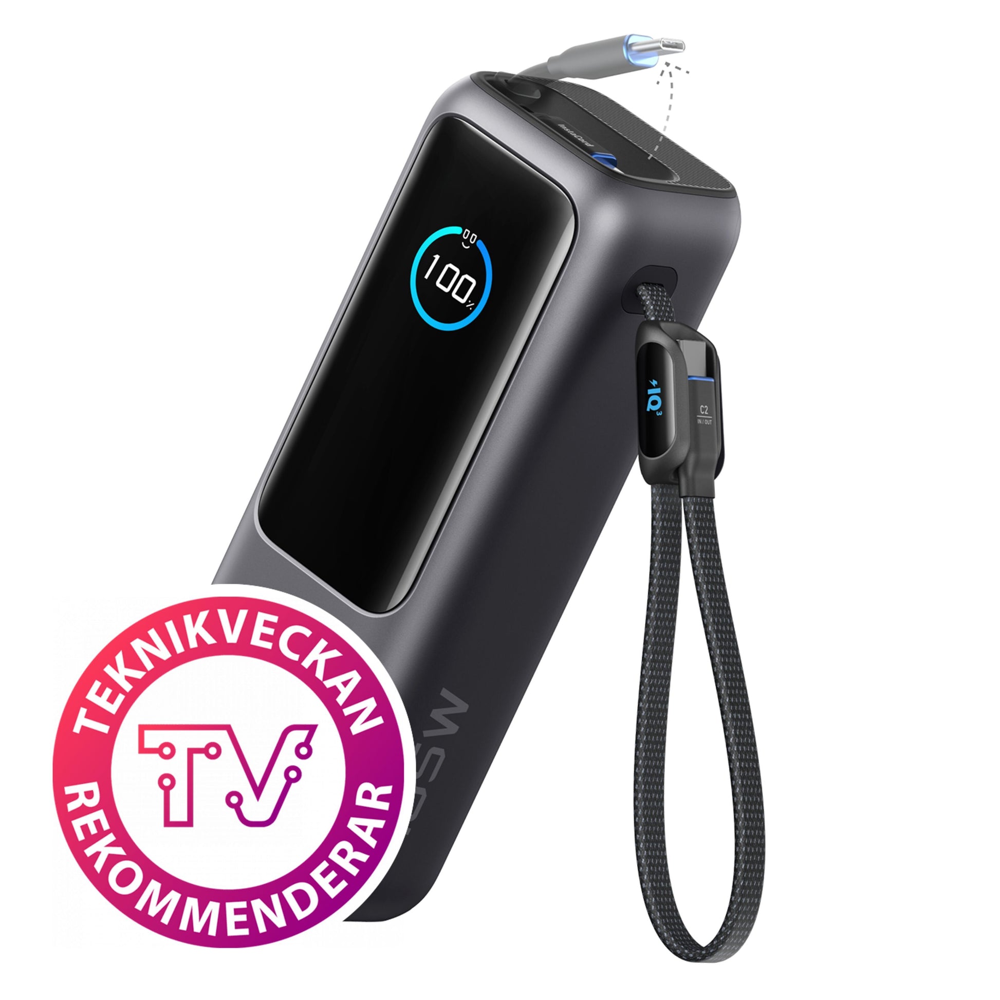 Anker Powerbank 165 W 25000 mAh sort med USB-C kabel, digitalt display viser 100, svensk badge med TV ikon.