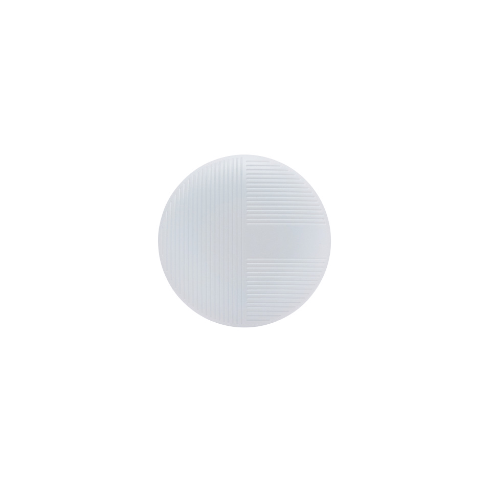 Linocell Item Tracker rund hvid enhed med diskret gittermønster på halvdelen, understøtter Apple Find My.