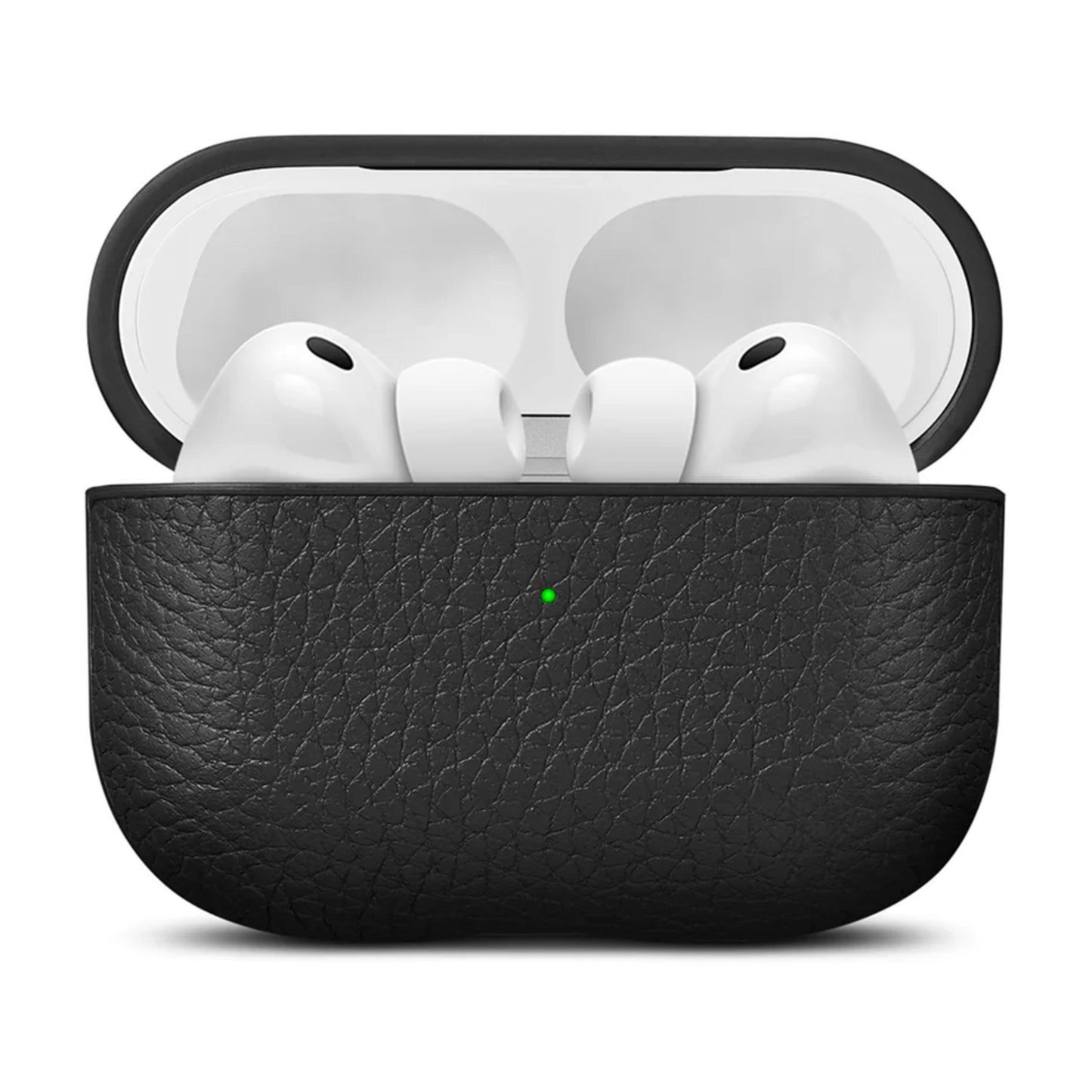 WOOLNUT etui i sort læder til AirPods Pro 3-opladeretui med hvide ørepropper og grøn indikatorlampe på fronten.