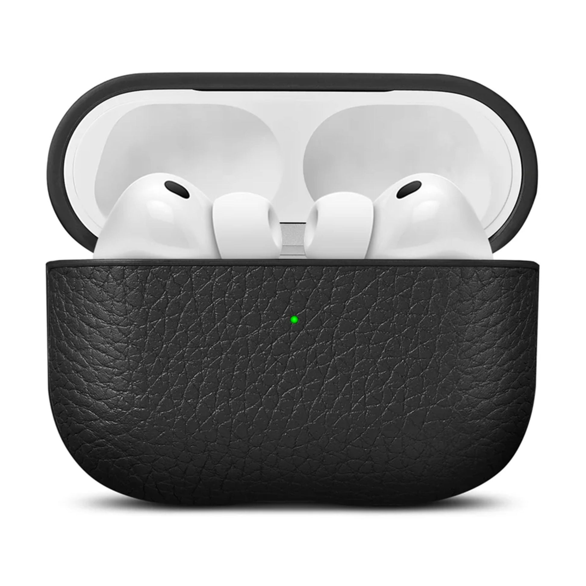 WOOLNUT etui i sort læder til AirPods Pro 3-opladeretui med hvide ørepropper og grøn indikatorlampe på fronten.