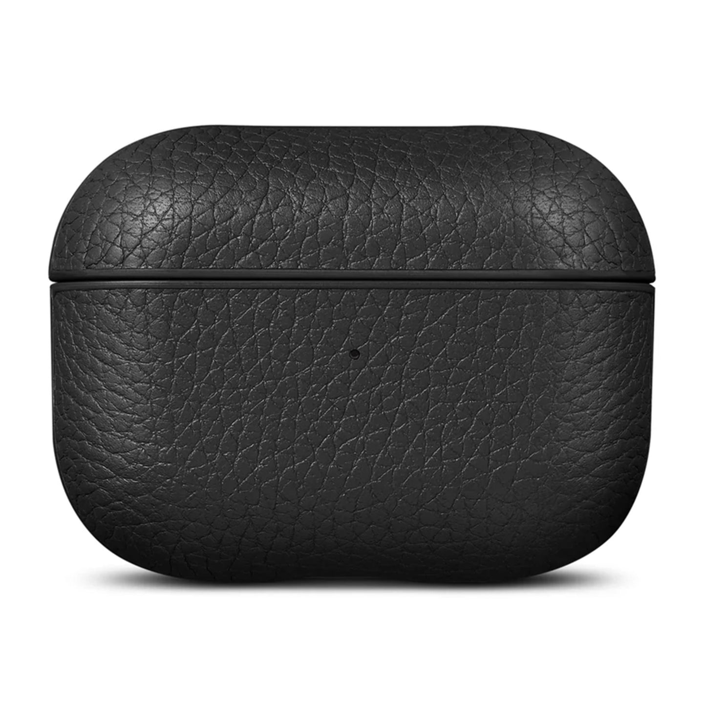 WOOLNUT læderetui til AirPods Pro 3 opladeretui, sort, tekstureret overflade, vist lukket og forfra.