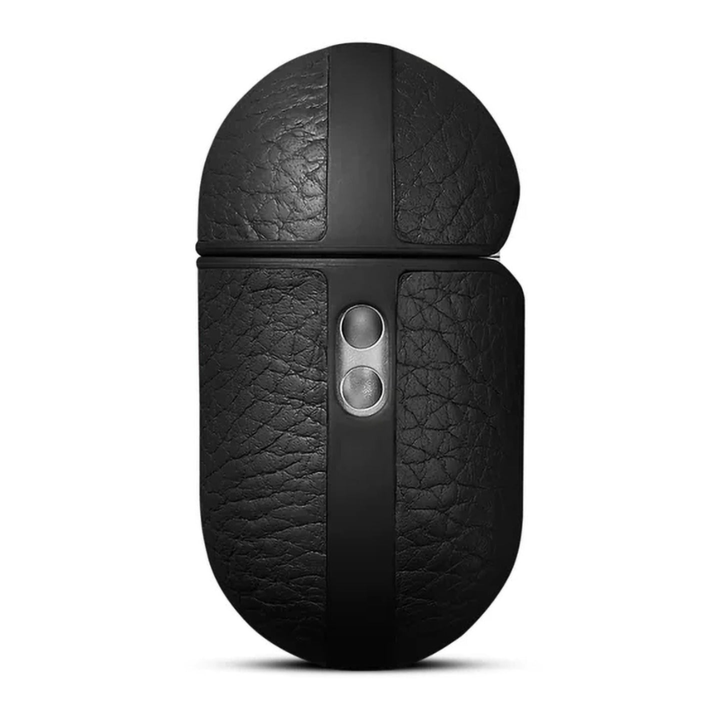 Sort oval trådløs mus med læderlignende overflade og to sølvknapper, inspireret af WOOLNUT Etui i læder til AirPods Pro 3.