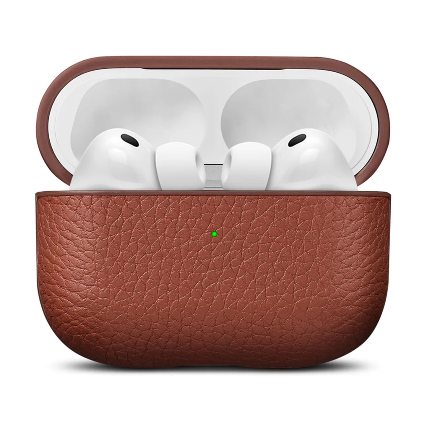 WOOLNUT læderetui til AirPods Pro 3 cognacbrun med grøn LED-indikator og præget tekstur.