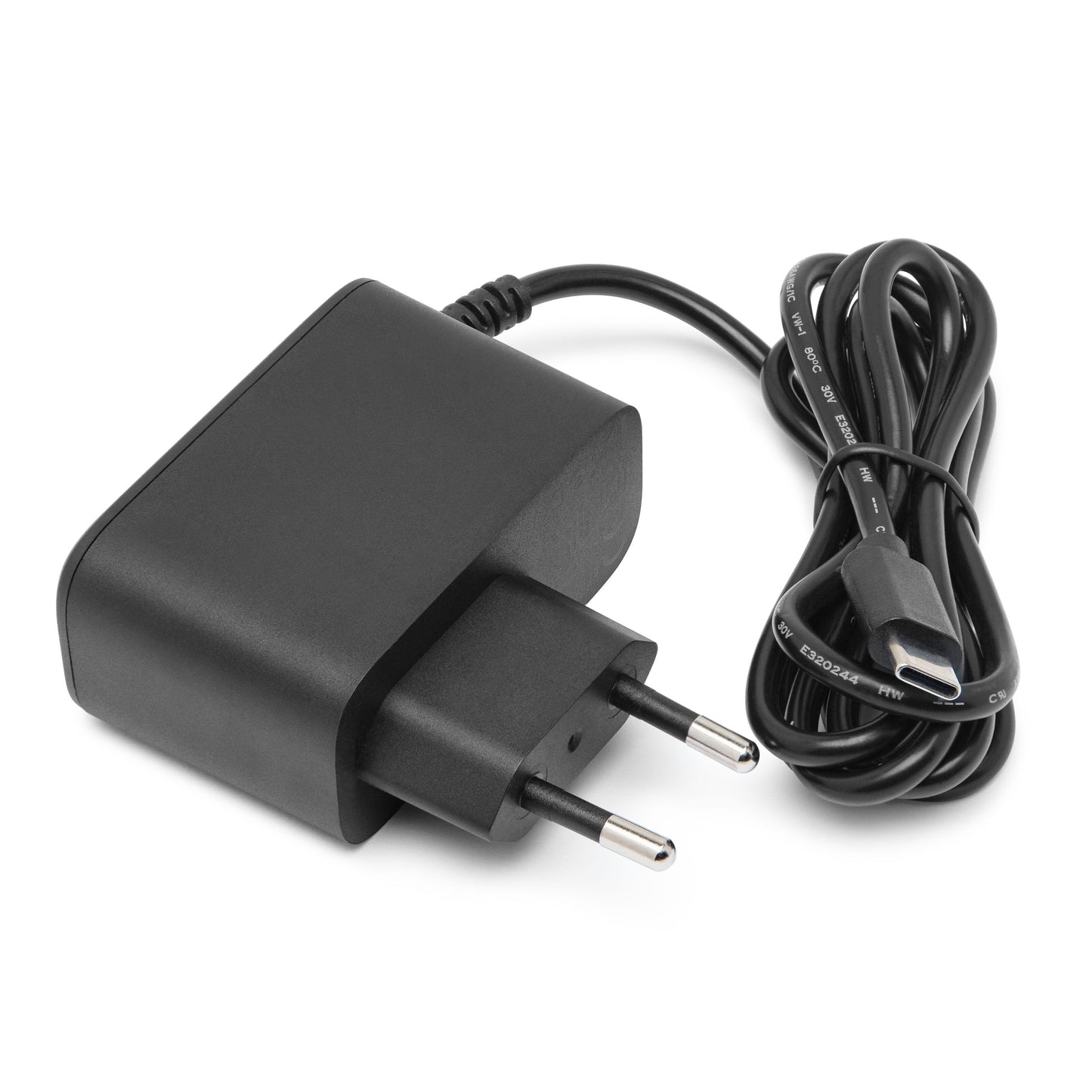 Luxorparts strømadapter til Raspberry Pi 5 Model B 27 W sort med sort EU tobenet stik og fastmonteret USB-C PD kabel.