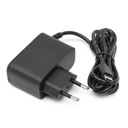 Luxorparts strømadapter til Raspberry Pi 5 Model B 27 W sort med sort EU tobenet stik og fastmonteret USB-C PD kabel.
