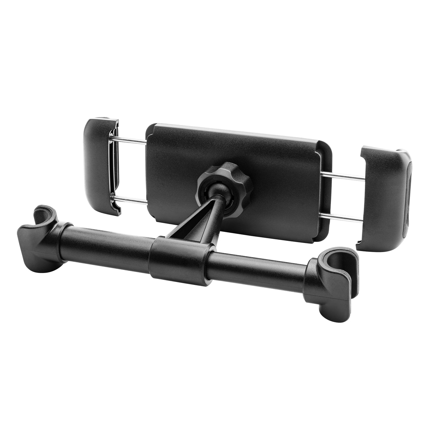 Sort justerbar tabletholder til nakkestøtte 7-12,9", med klemmer og teleskoparm, passer til flere tablet-størrelser.