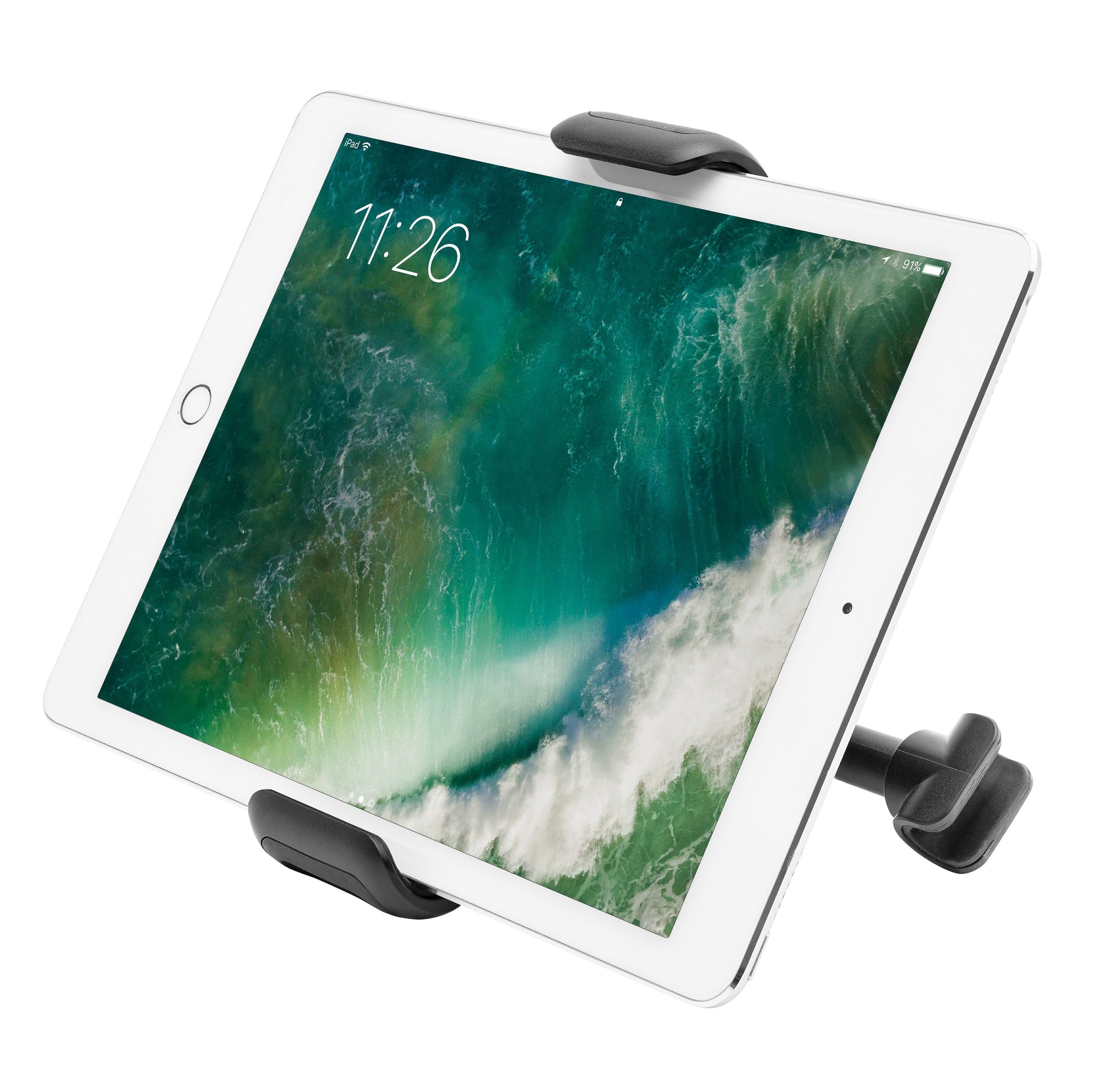 Hvid tablet med ocean-baggrund og tiden 11:26 i sort Tabletholder til nakkestøtte 7-12,9", hjørneclips synlige.