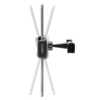 Linocell tabletholder til nakkestøtte 7-12,9", sort med justerbar arm, holder sølvfarvet tablet, flere positioner vises.