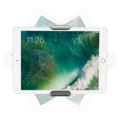 Tablet 11:26, grøn/blå bølgebaggrund, i hvid Tabletholder til nakkestøtte 7-12,9", vises i justerbare vinkler.