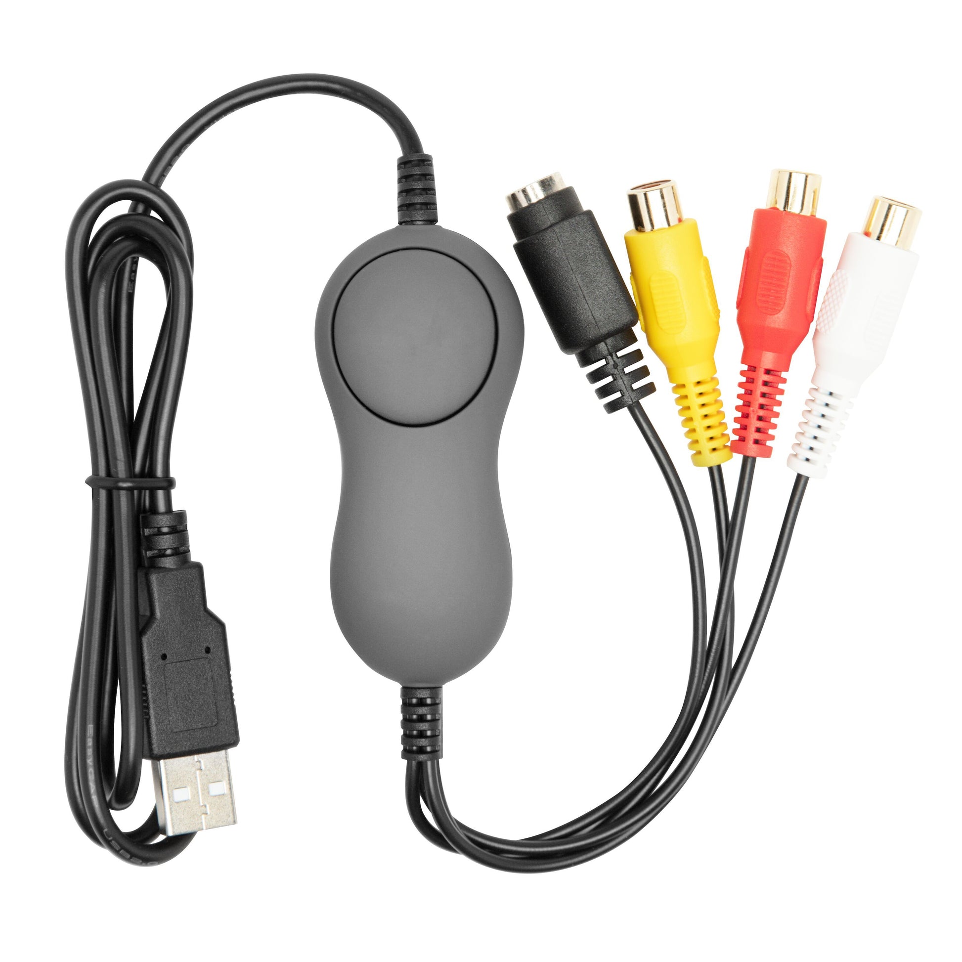 Plexgear Moviesaver 700 USB video grabber sort med USB-stik, 3 RCA-stik (gul, rød, hvid) og S-video input.