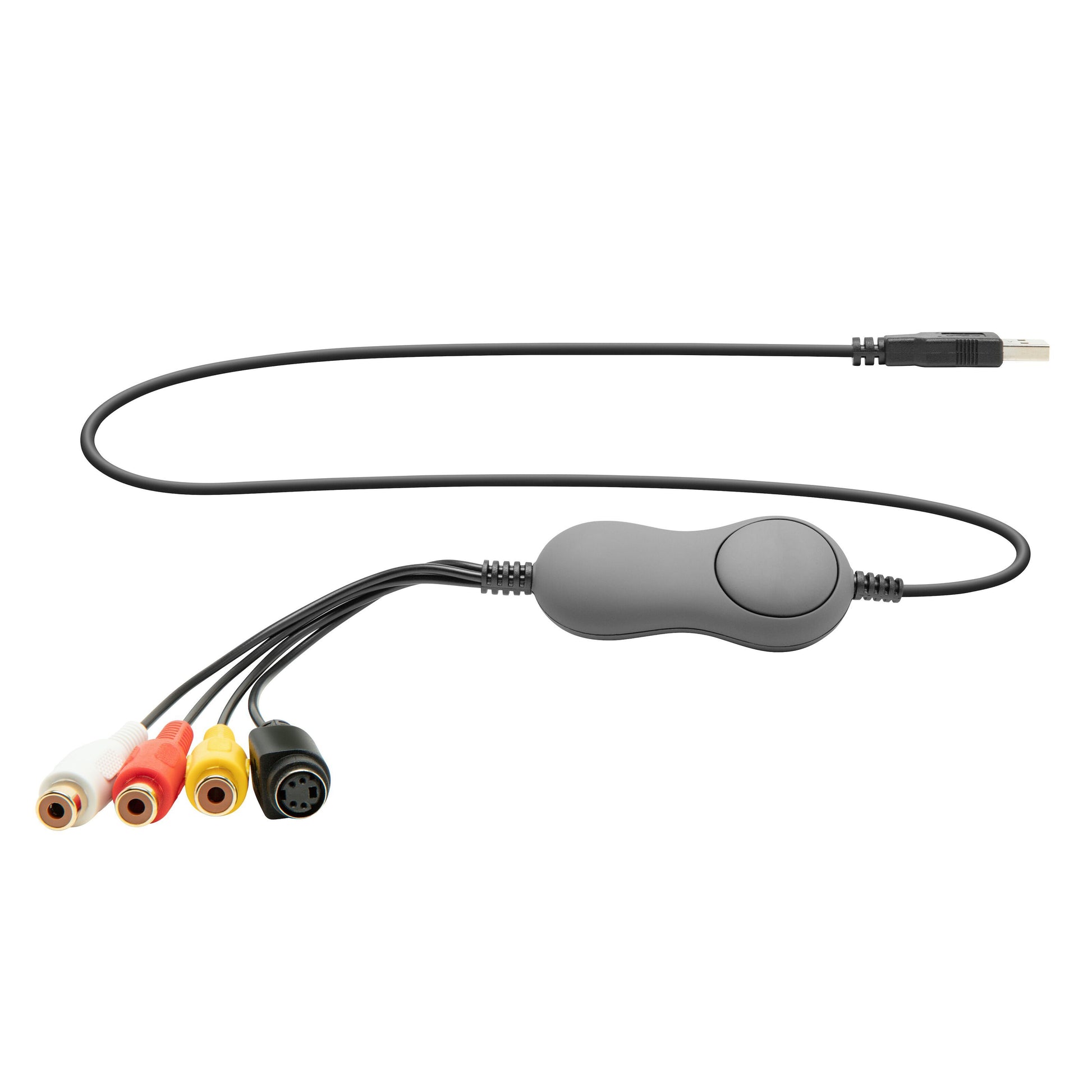 Moviesaver 700 USB video grabber med USB stik, røde/hvide/gule RCA stik, sort S-Video stik og oval midterdel.