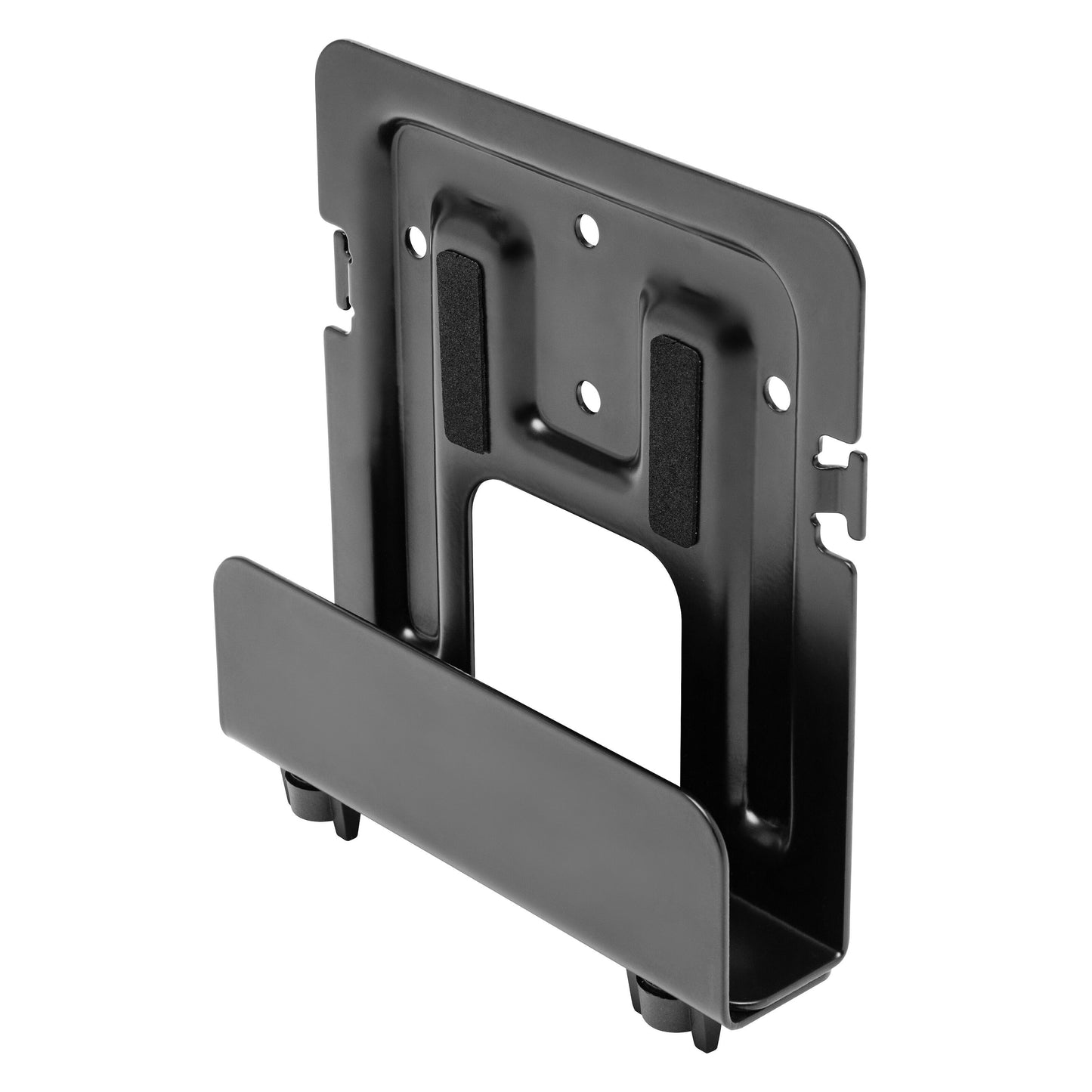 Beslag til Apple TV og medieafspillere sort metal med frontlip, to skumpuder, monteringshuller og slidser til skruer.