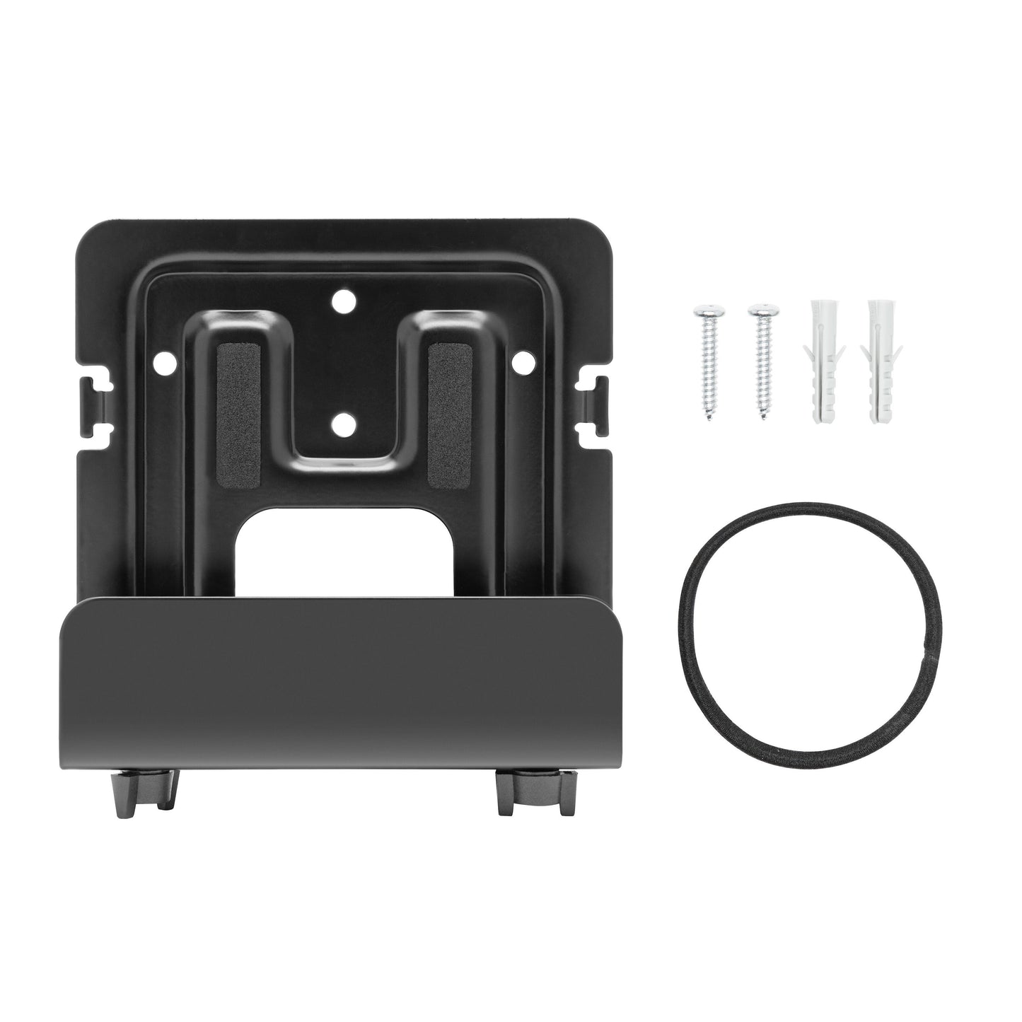 Beslag til Apple TV og medieafspillere sort metal, buet bund, inkl. 2 skruer, 2 rawlplugs og rund kabelstrip.