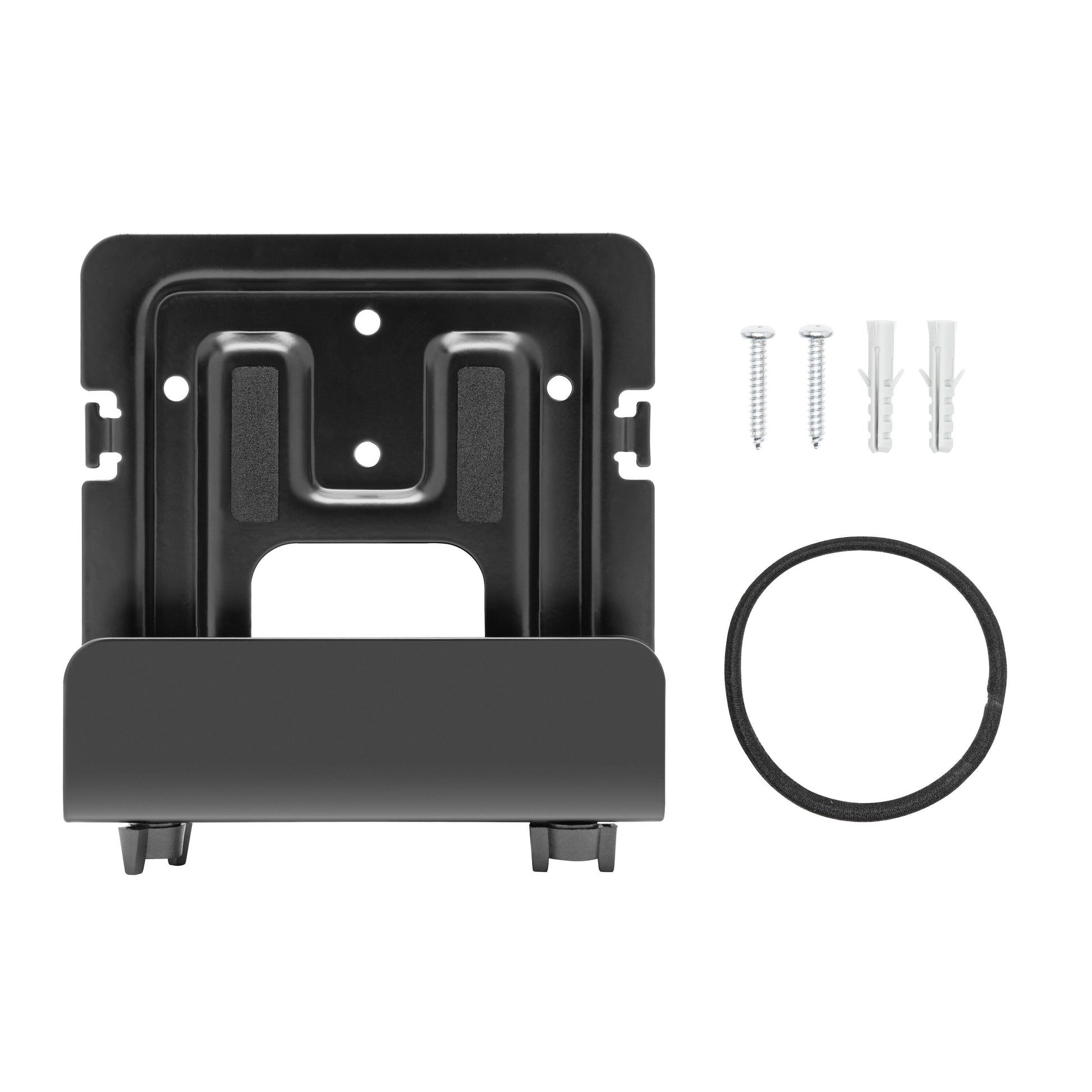 Beslag til Apple TV og medieafspillere sort metal, buet bund, inkl. 2 skruer, 2 rawlplugs og rund kabelstrip.