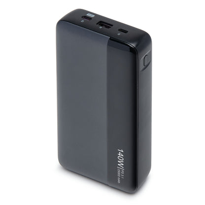 Linocell powerbank 140W 25000mAh sort USB-port topknap "140W, 25000mAh" trykt på front-hjørne.